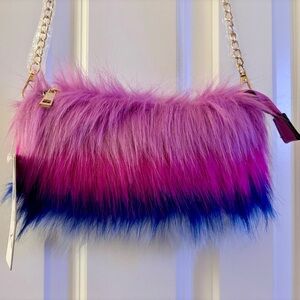 Caleesa Vibrant Pinks & Blues Faux Fur Crossbody Bag gold tone chain NWT zipper